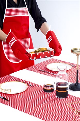 HOMAKS Kırmızı Mutfak Seti ( Mutfak önlüğü + 2 Fırın Eldiveni )